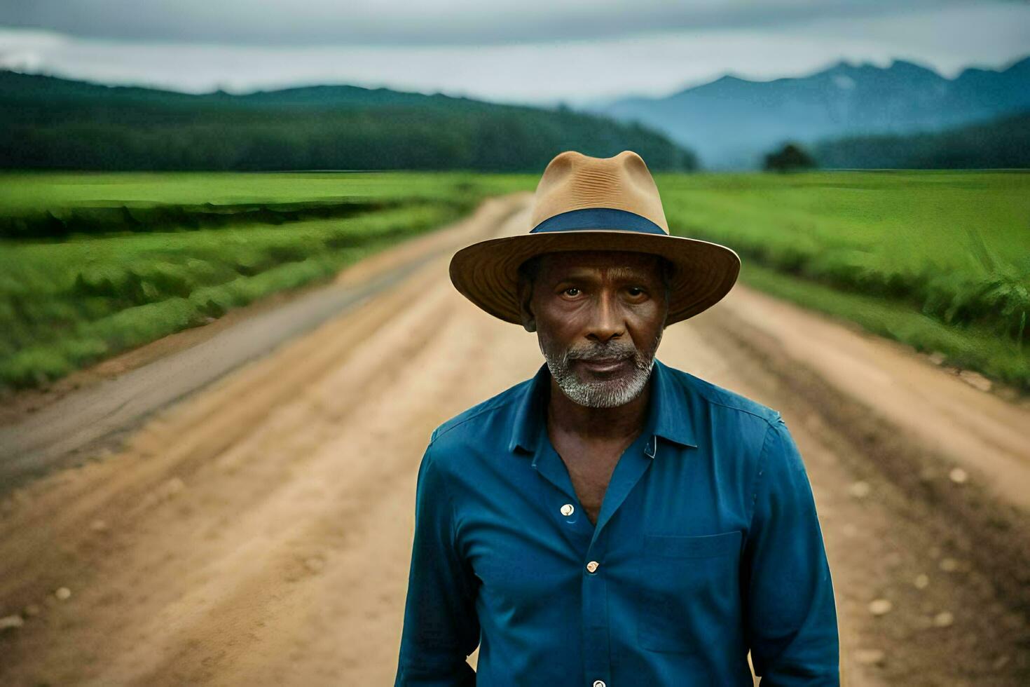 a man in a hat standing on a dirt road. AI-Generated photo