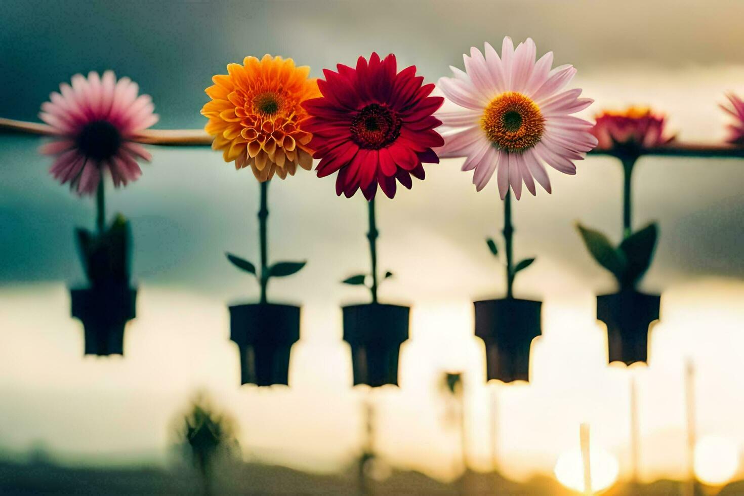 flowers hanging from a line with sun setting behind them. AI-Generated photo