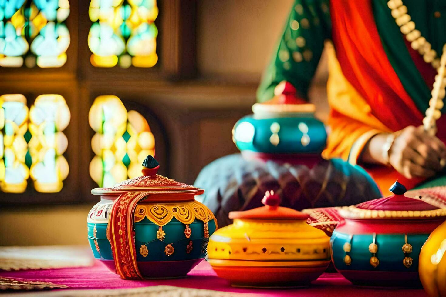 a woman in colorful sari sitting next to colorful pots. AI-Generated photo