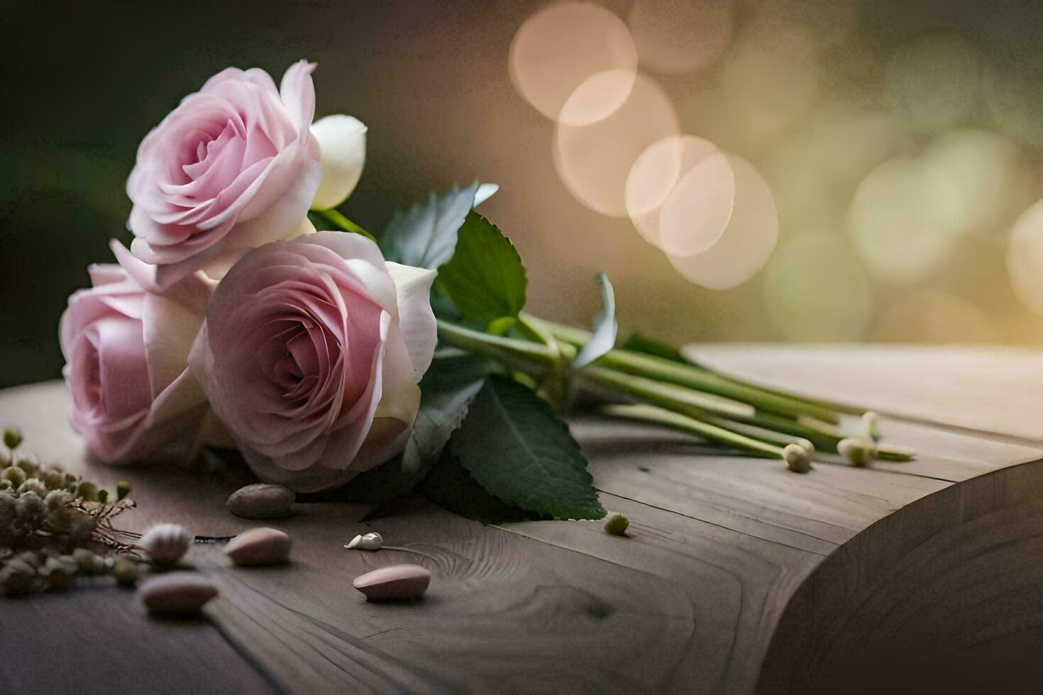 pink roses on a wooden table with a bokeh background. AI-Generated photo