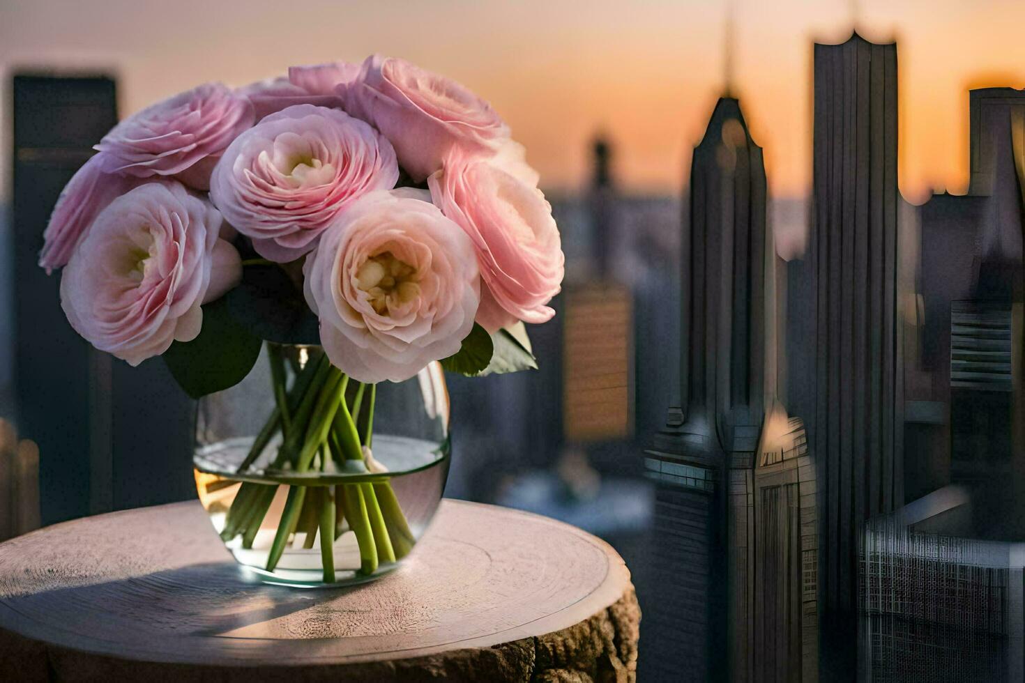 pink roses in a vase on a wooden table with cityscape in the background. AI-Generated photo