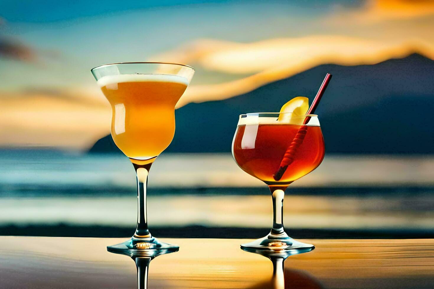 two glasses of alcohol on a table with a sunset in the background. AI-Generated photo