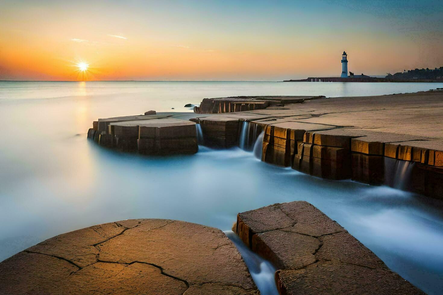 a lighthouse at sunset with rocks and water. AI-Generated photo