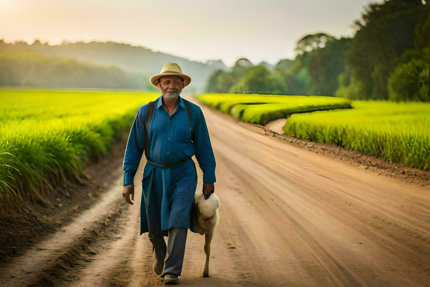 an old man walking down a dirt road with a dog. AI-Generated photo