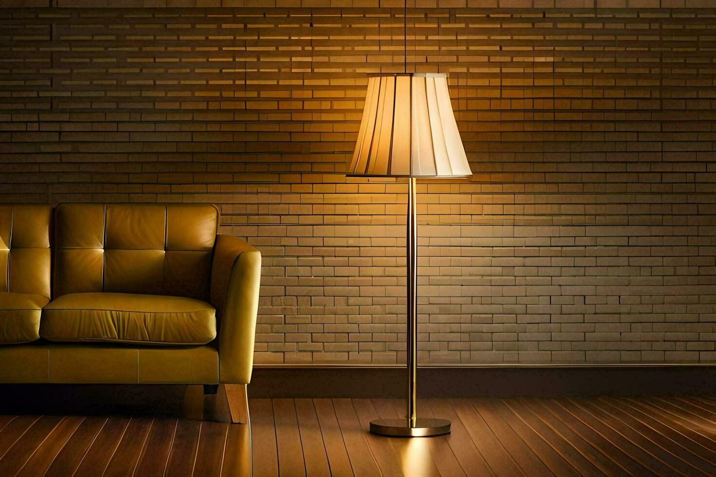 a lamp is sitting on a wooden floor next to a couch. AI-Generated photo