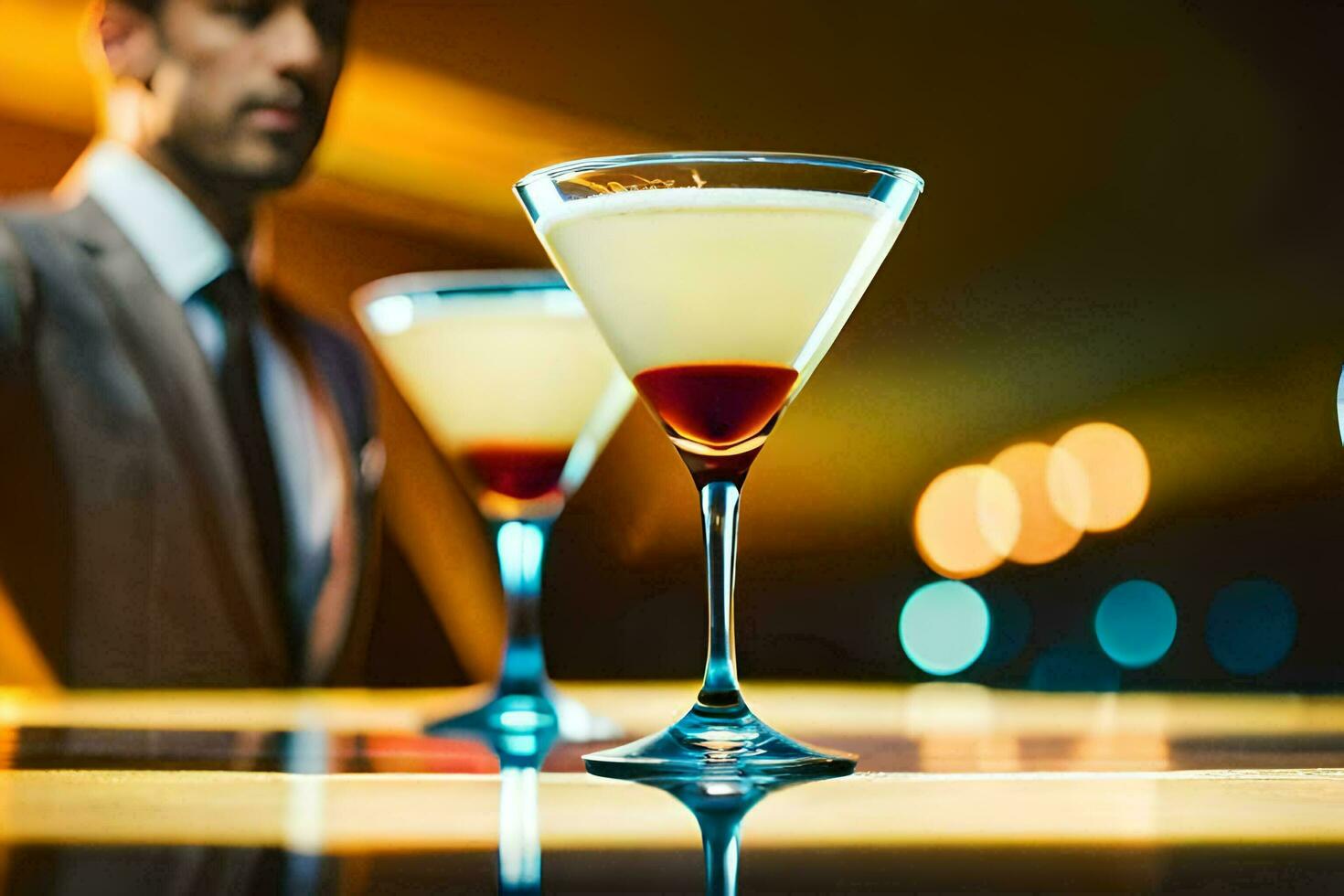 a man in a suit is holding a martini. AI-Generated photo