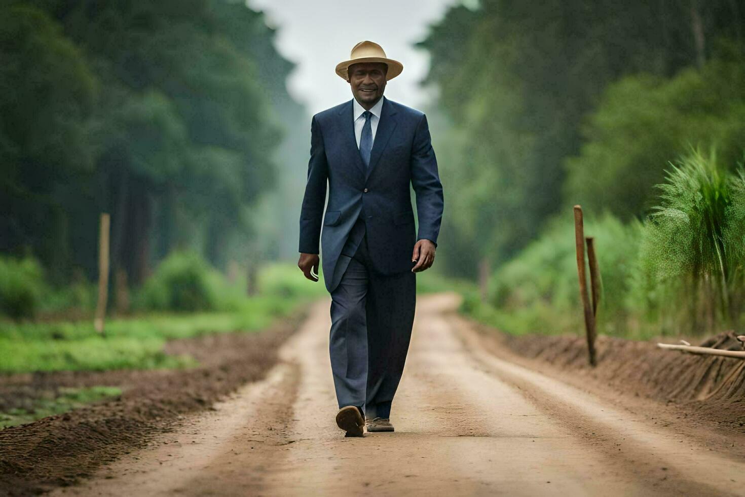 un hombre en un traje y sombrero caminando abajo un suciedad la carretera. generado por ai foto