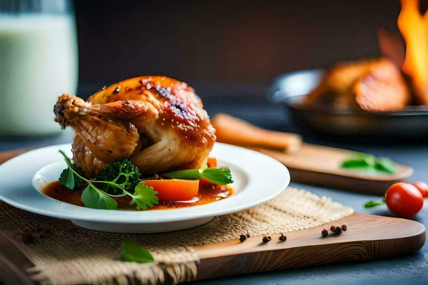 a chicken breast on a plate with vegetables and a glass of milk. AI-Generated photo