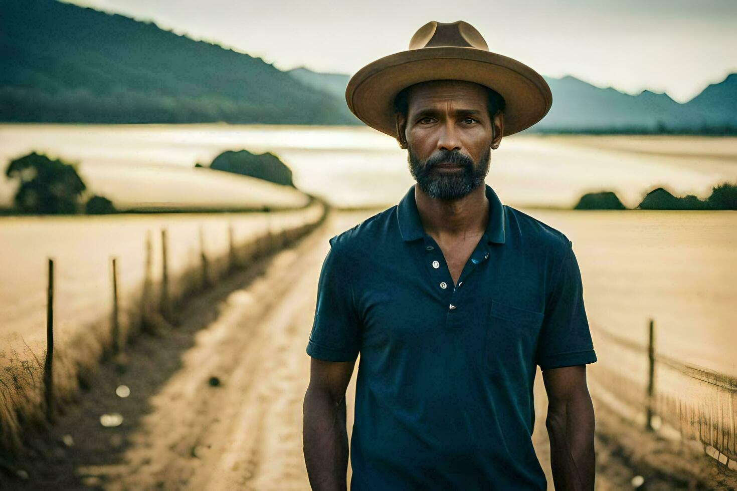 un hombre en un sombrero en pie en un campo. generado por ai foto