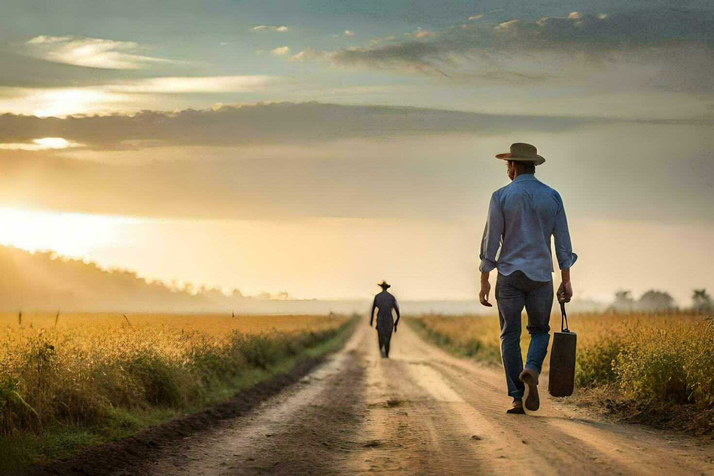 two men walking down a dirt road with a suitcase. AI-Generated photo