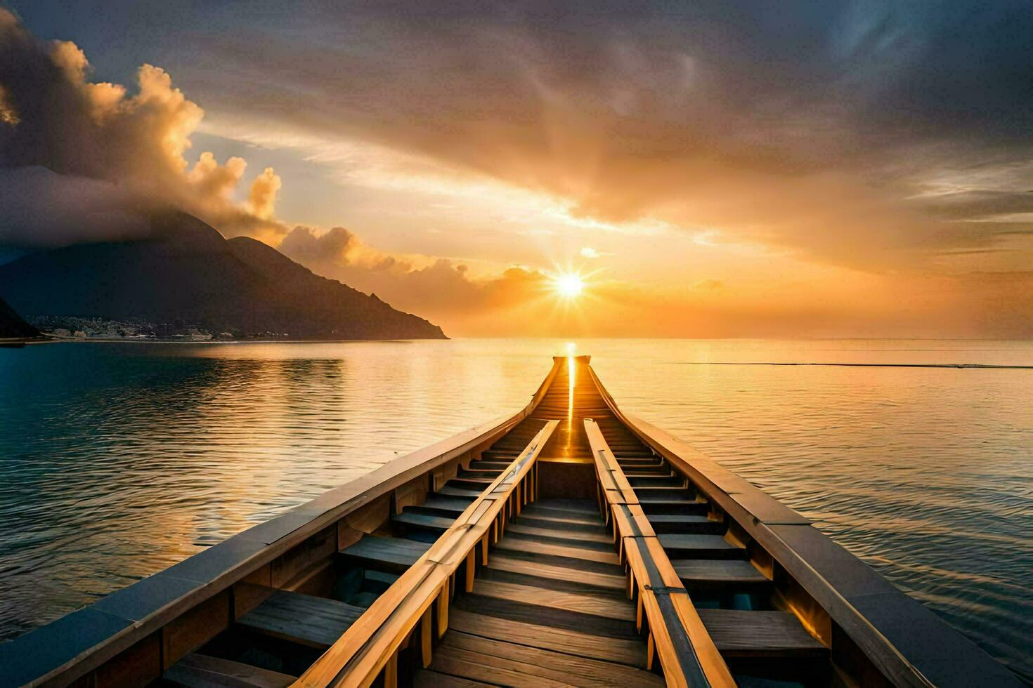 a wooden dock with a sunset in the background. AI-Generated photo