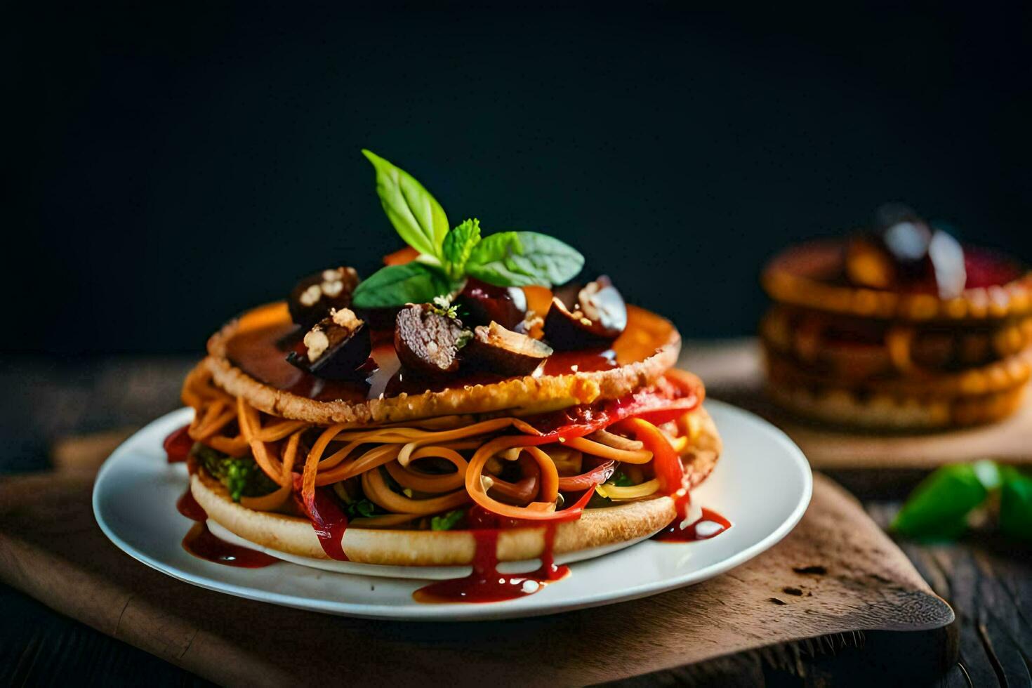a plate with spaghetti and meat on it. AI-Generated photo