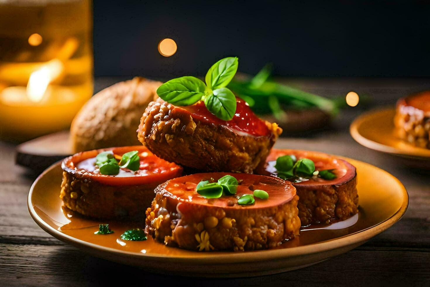 three pieces of meat on a plate with sauce. AI-Generated photo