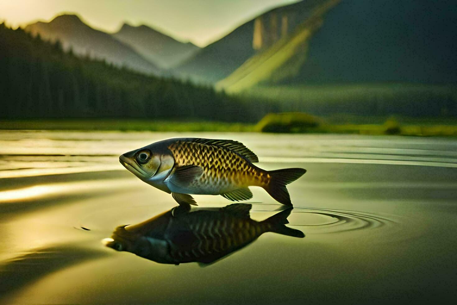 a fish is standing on the water in front of a mountain. AI-Generated photo