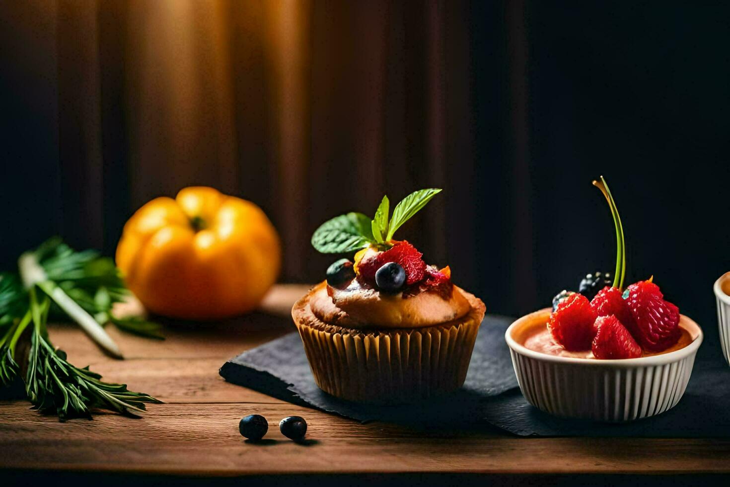 three cupcakes with fruit and berries on a wooden table. AI-Generated photo