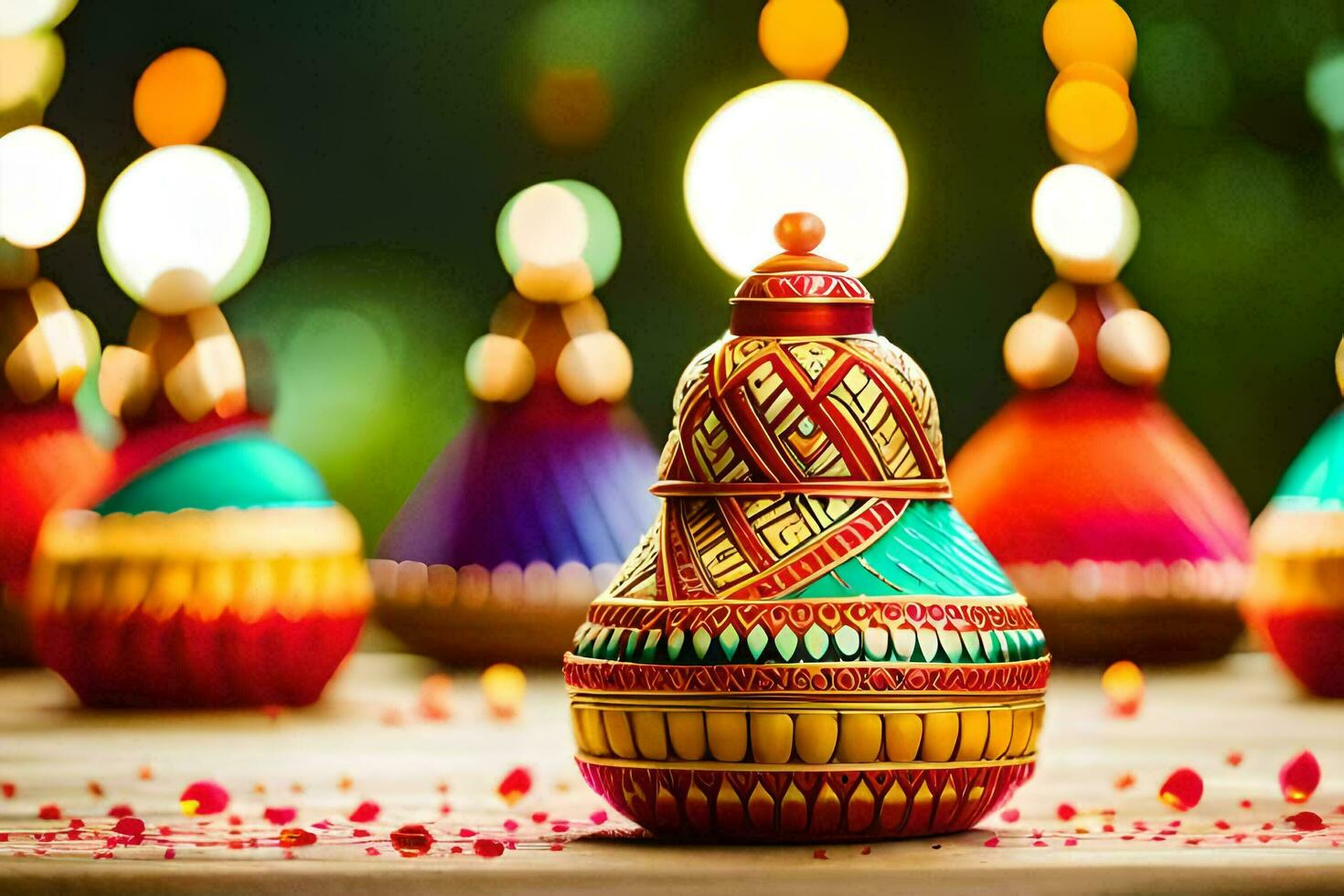 many colorful decorated vases are sitting on a table. AI-Generated photo