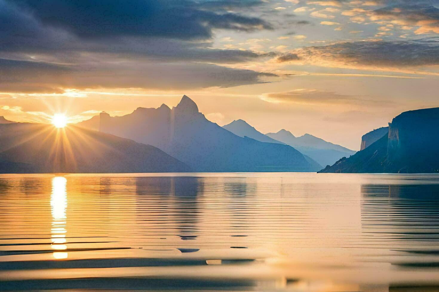 the sun is setting over a lake and mountains. AI-Generated photo