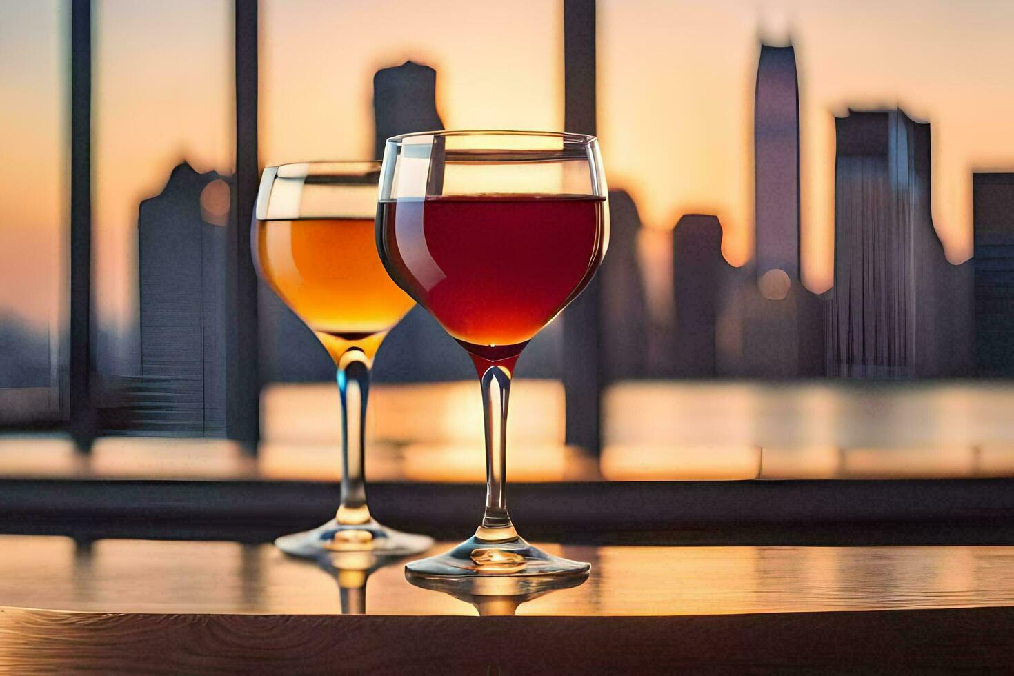 two glasses of wine on a table with a city skyline in the background. AI-Generated photo