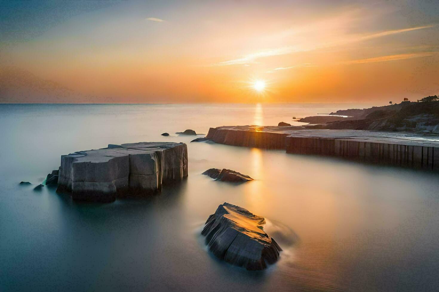 el Dom conjuntos terminado el Oceano en esta largo exposición fotografía. generado por ai foto