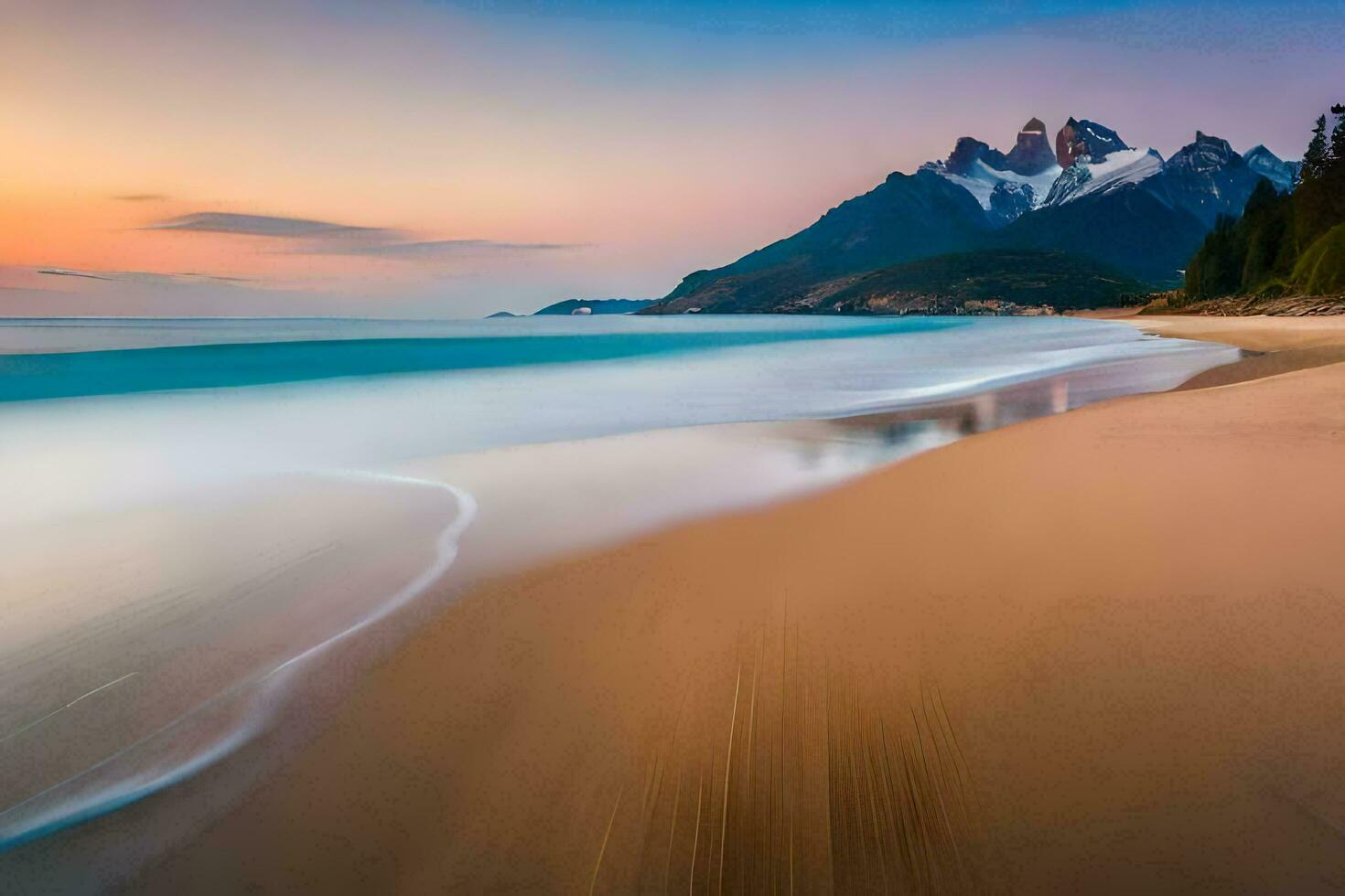 a beach with mountains in the background. AI-Generated photo