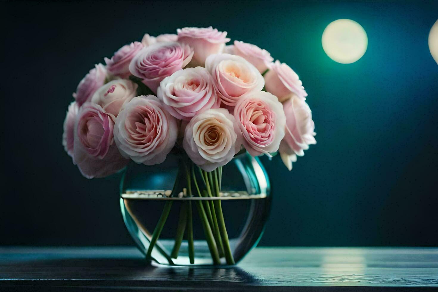 pink roses in a vase on a table. AI-Generated photo
