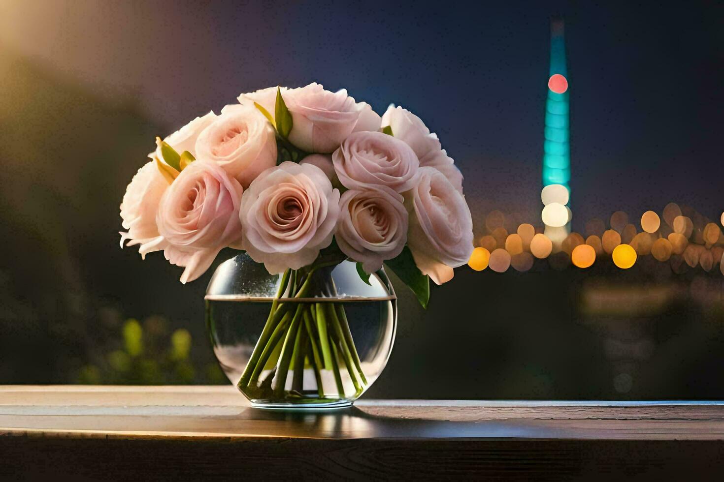 pink roses in a vase on a table with a city view. AI-Generated photo