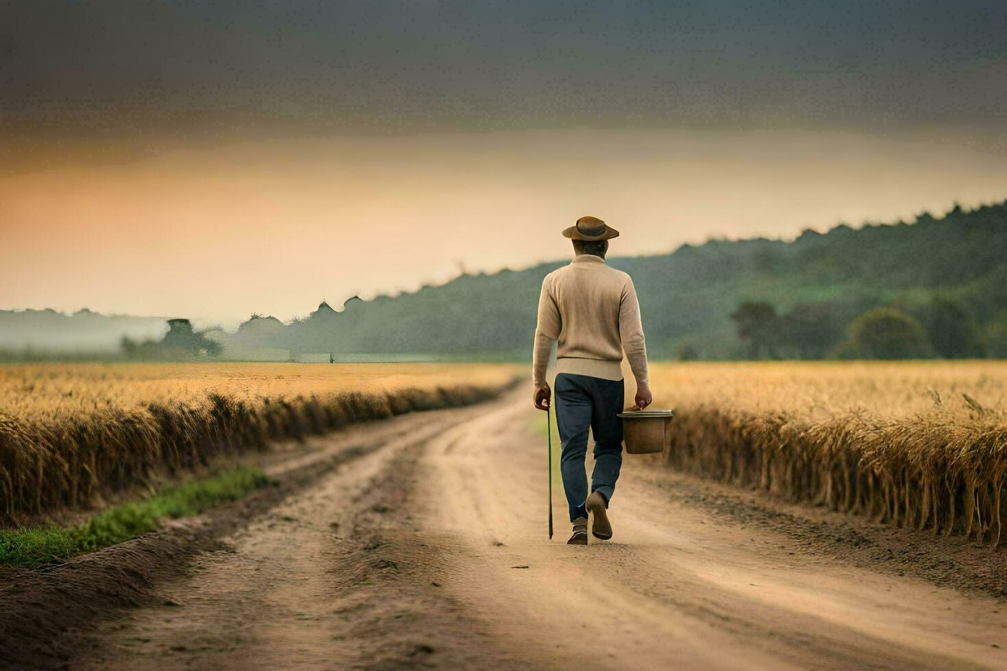 a man walking down a dirt road with a cane. AI-Generated photo