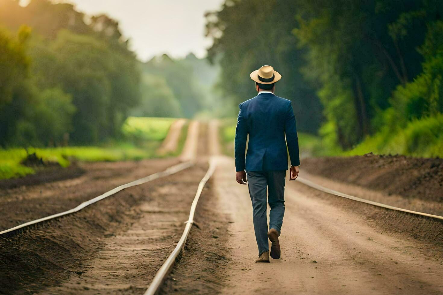 a man in a suit and hat walks down a railroad track. AI-Generated photo