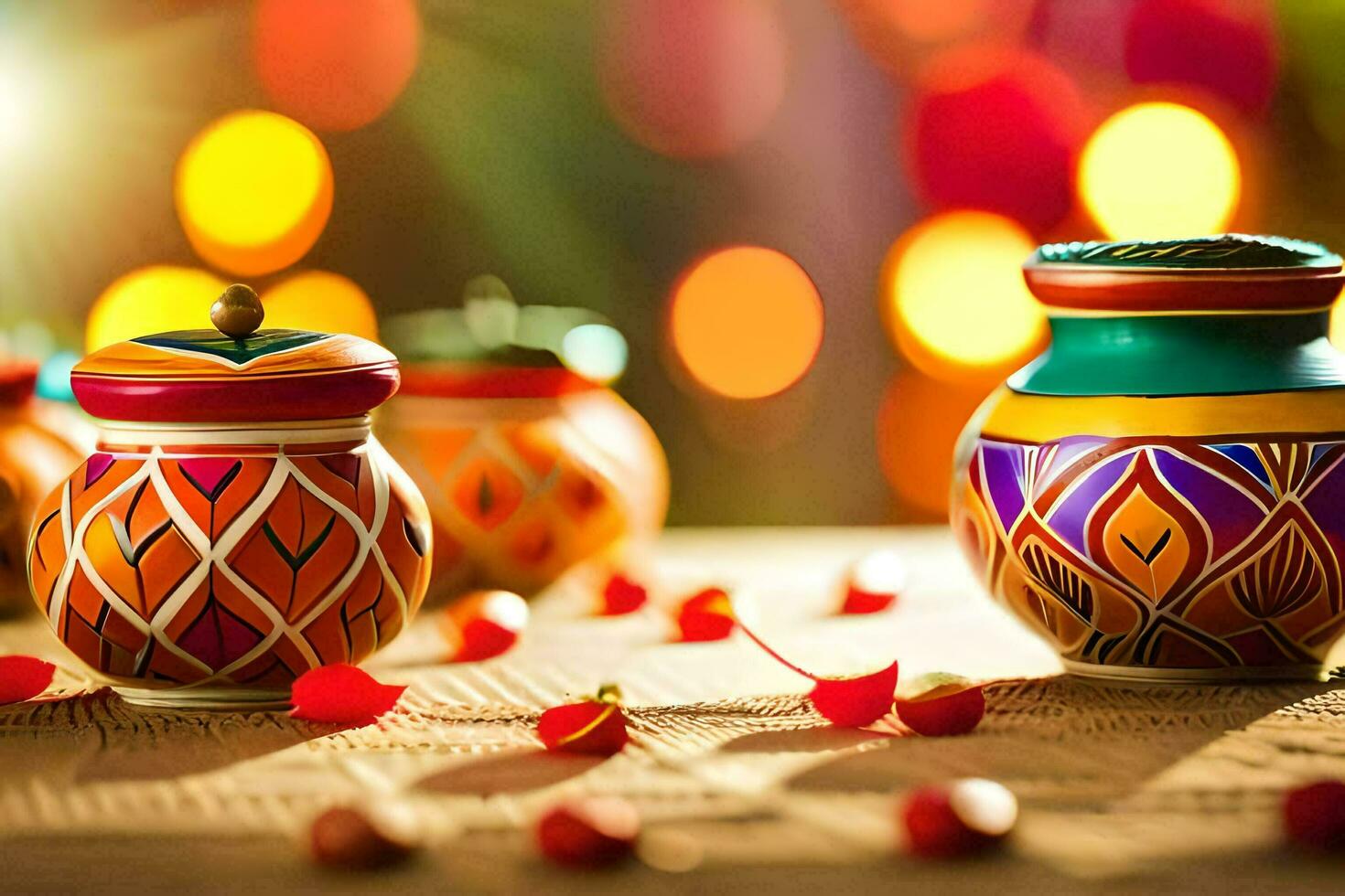 colorful pots and flowers on a table. AI-Generated photo