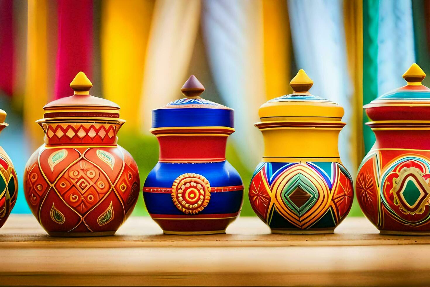 colorful pots and jars lined up on a table. AI-Generated photo