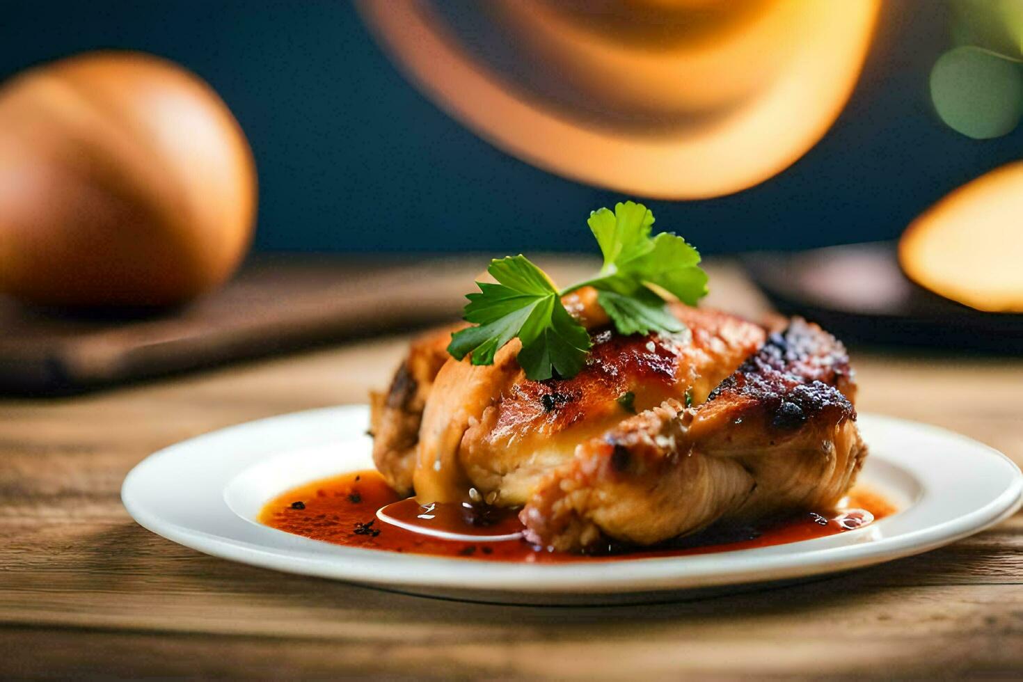 a chicken breast on a plate with sauce. AI-Generated photo