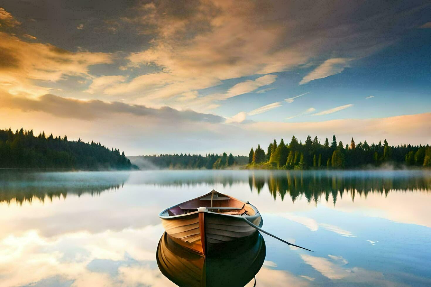 a boat on a calm lake at sunset. AI-Generated photo