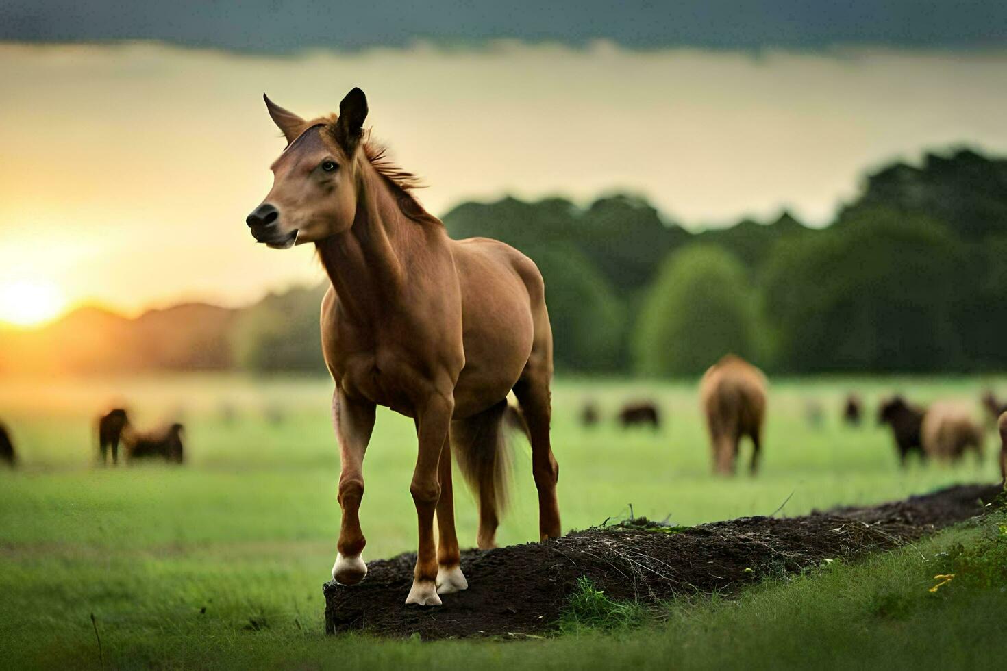a horse standing on a log in a field. AI-Generated photo