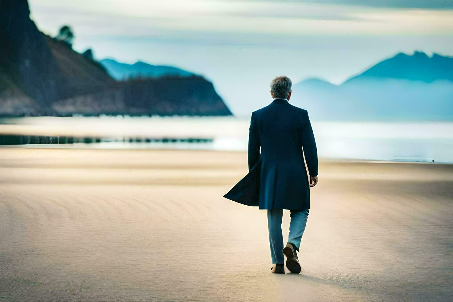 a man in a suit walks on the beach. AI-Generated photo