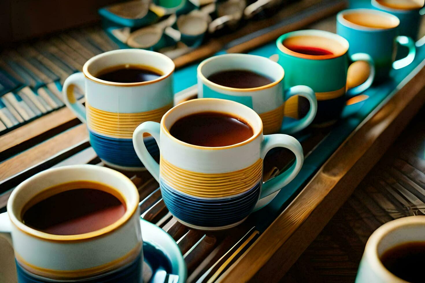 a row of coffee cups on a table. AI-Generated photo