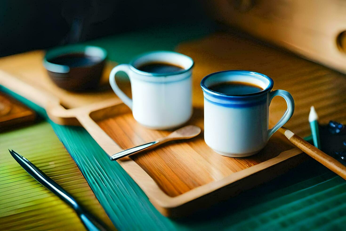 dos tazas de café en un de madera bandeja. generado por ai foto