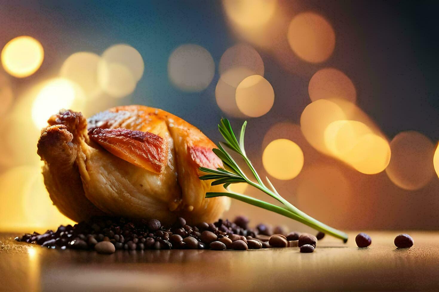 a roasted chicken with beans and spices on a table. AI-Generated photo