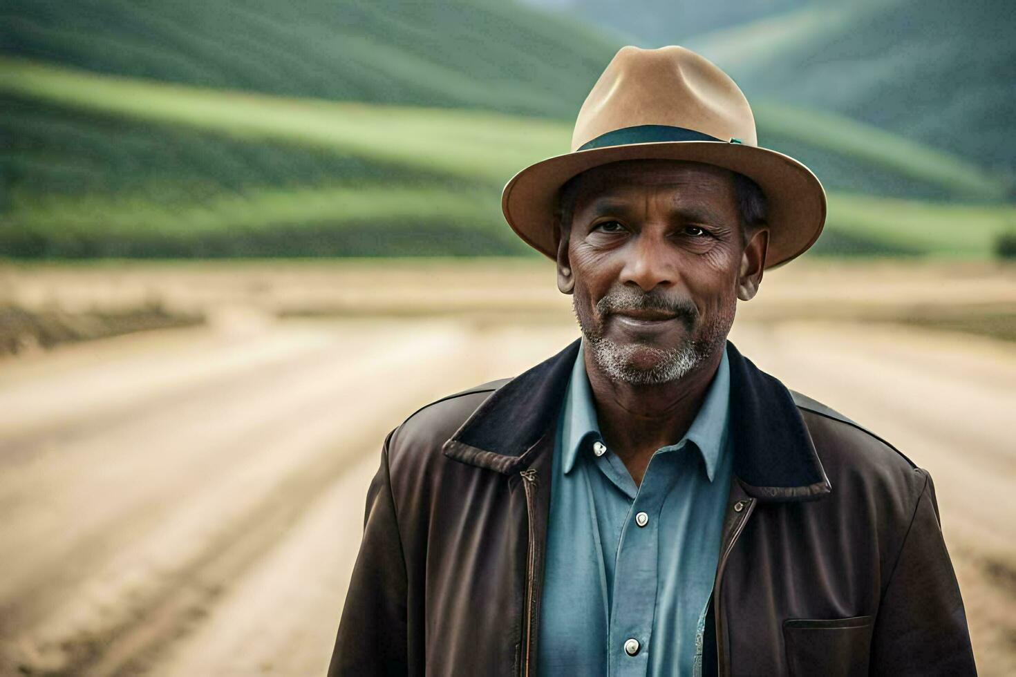 a man in a hat standing in a field. AI-Generated photo