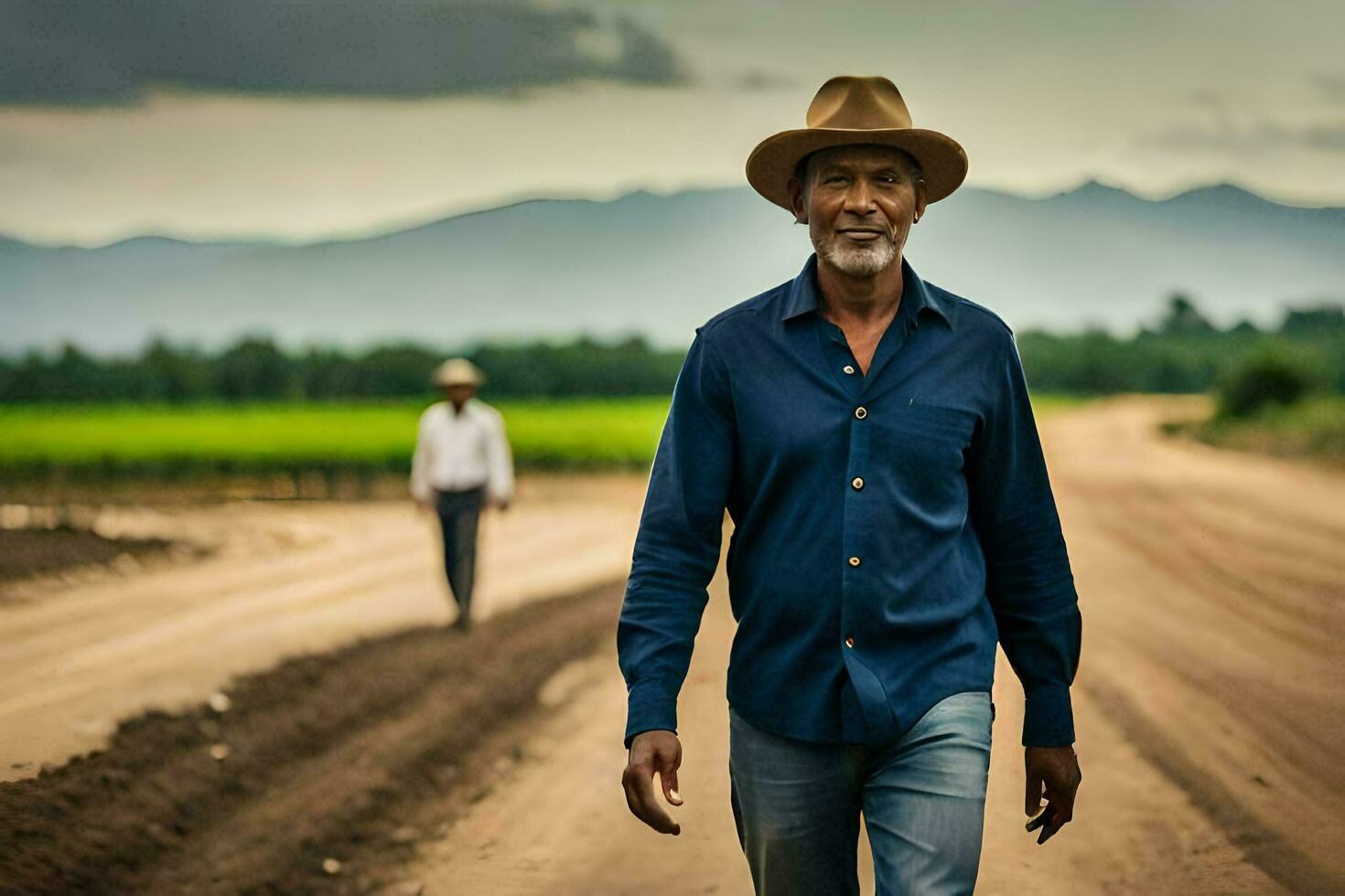 a man in a hat walking down a dirt road. AI-Generated photo