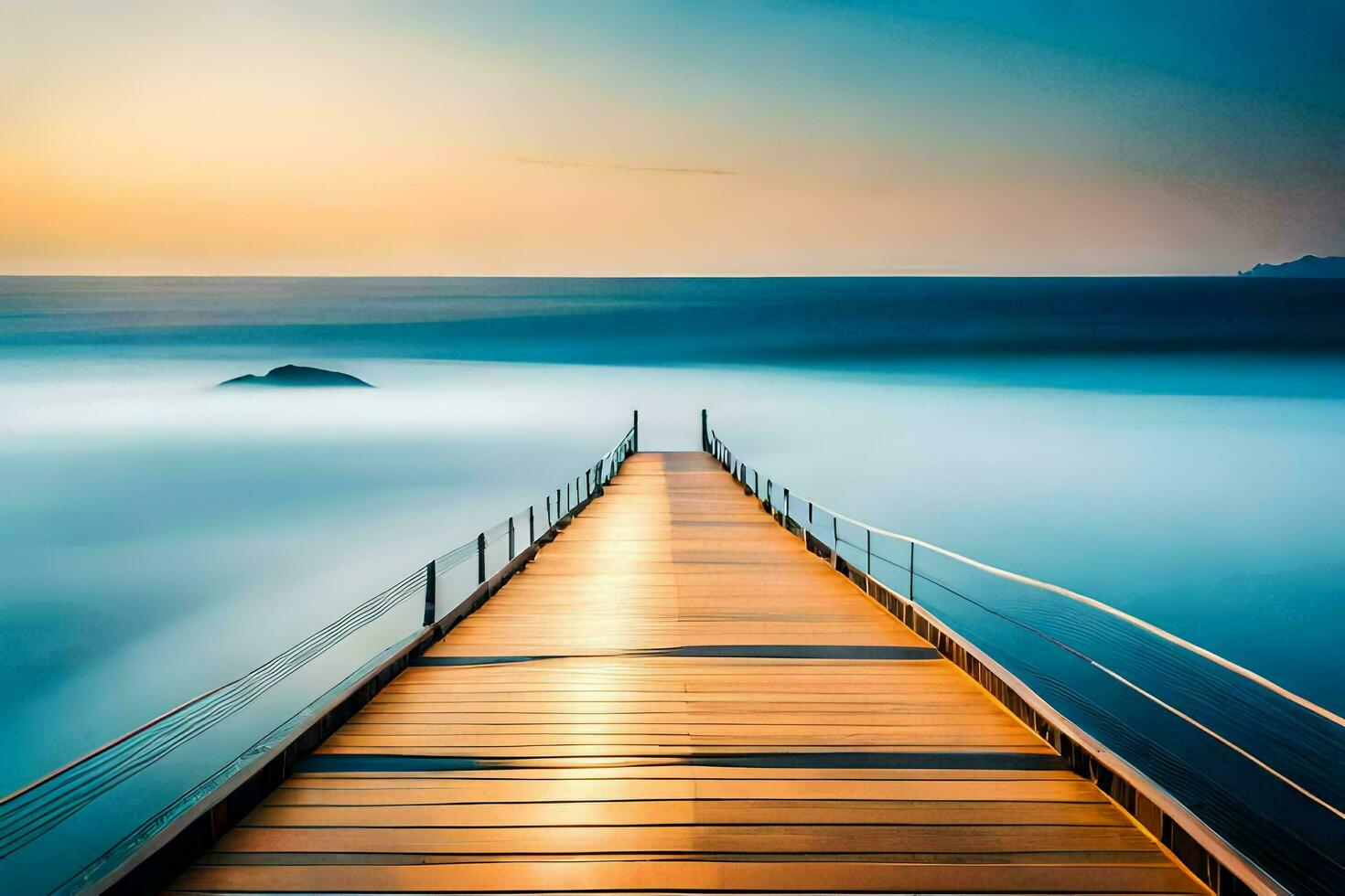 a long exposure photo of a pier in the ocean. AI-Generated