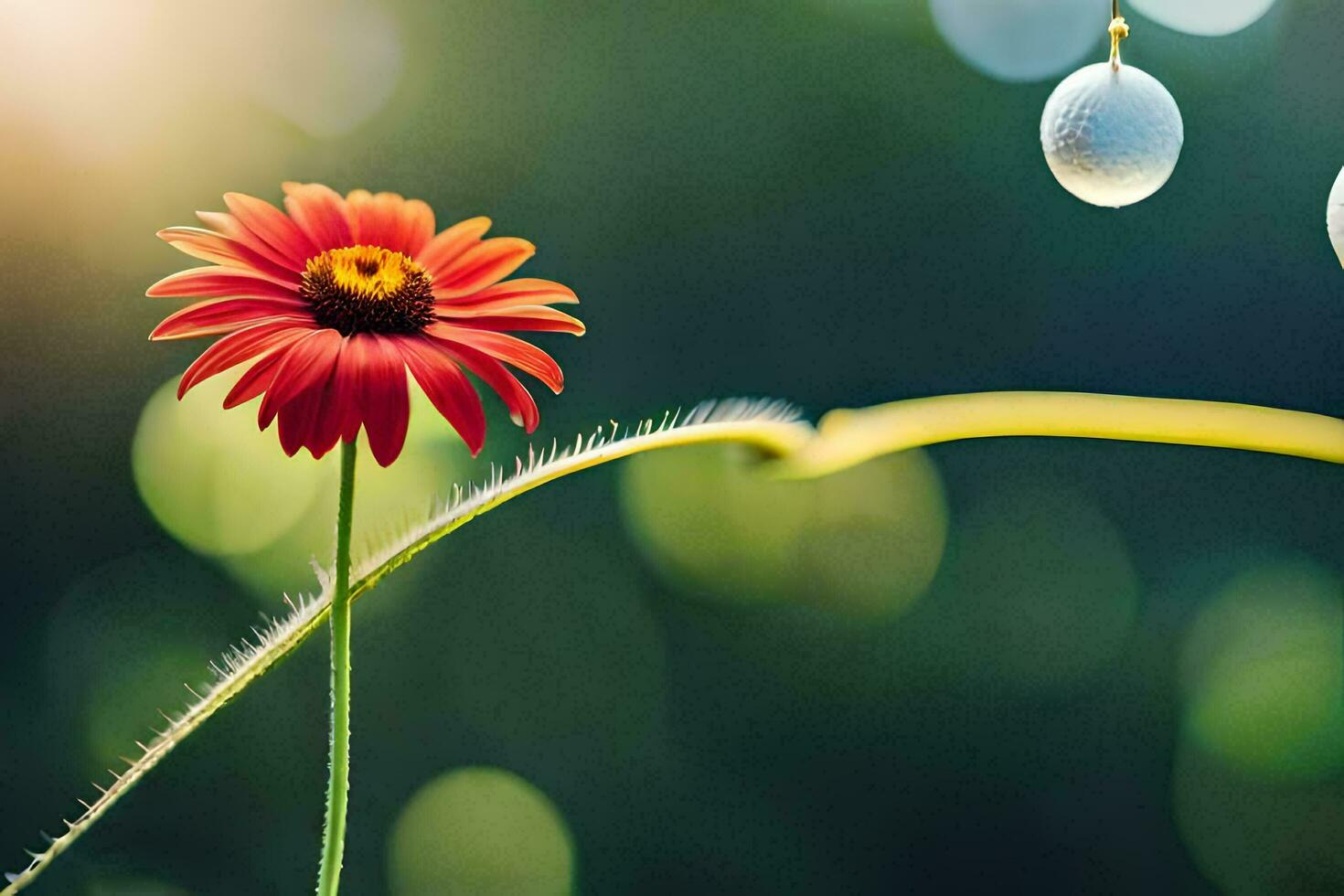 a red flower and a white egg hanging from a string. AI-Generated photo