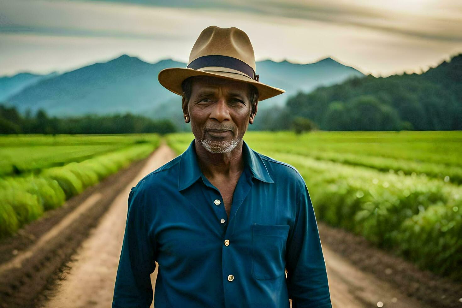 a man in a hat standing in a field. AI-Generated photo