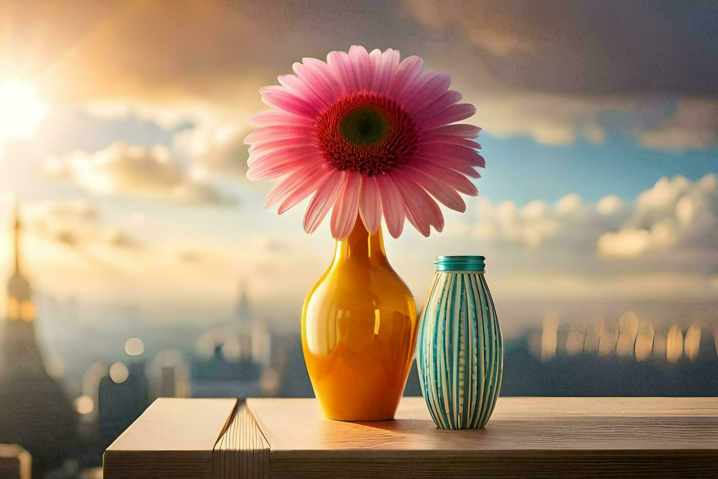 dos floreros con flores en un mesa con un ciudad en el antecedentes. generado por ai foto