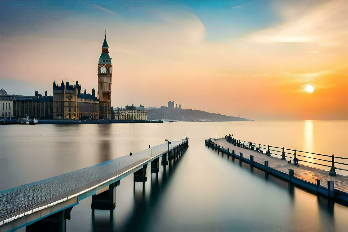 the sun rises over the river thames and big ben. AI-Generated photo