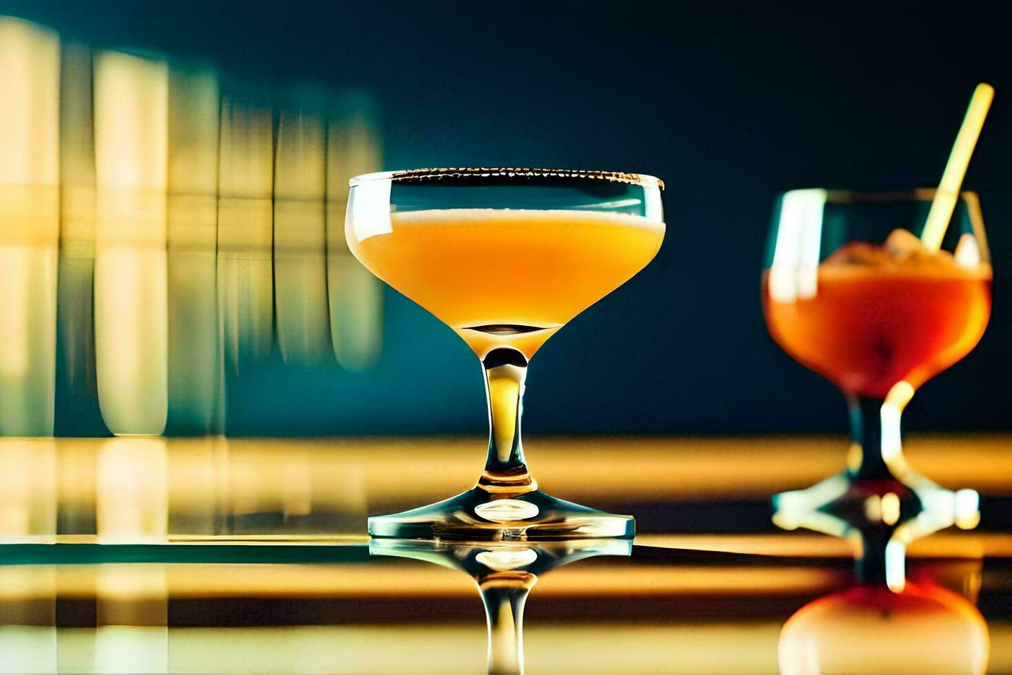 two cocktails sit on a table in front of a blurred background. AI-Generated photo