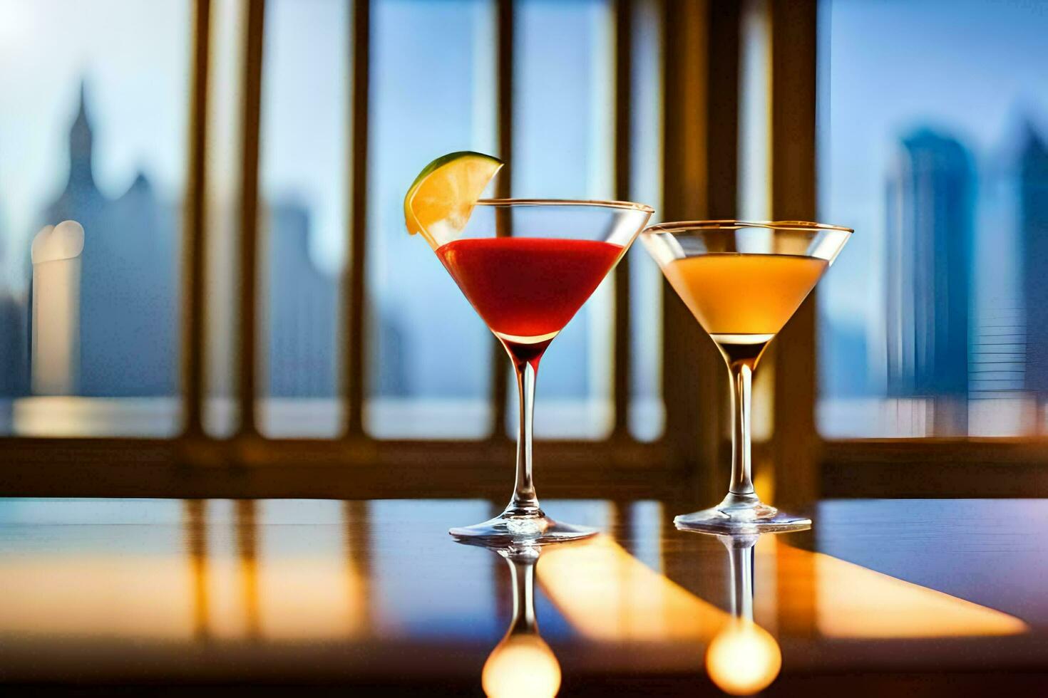 two glasses of cocktails on a table in front of a cityscape. AI-Generated photo