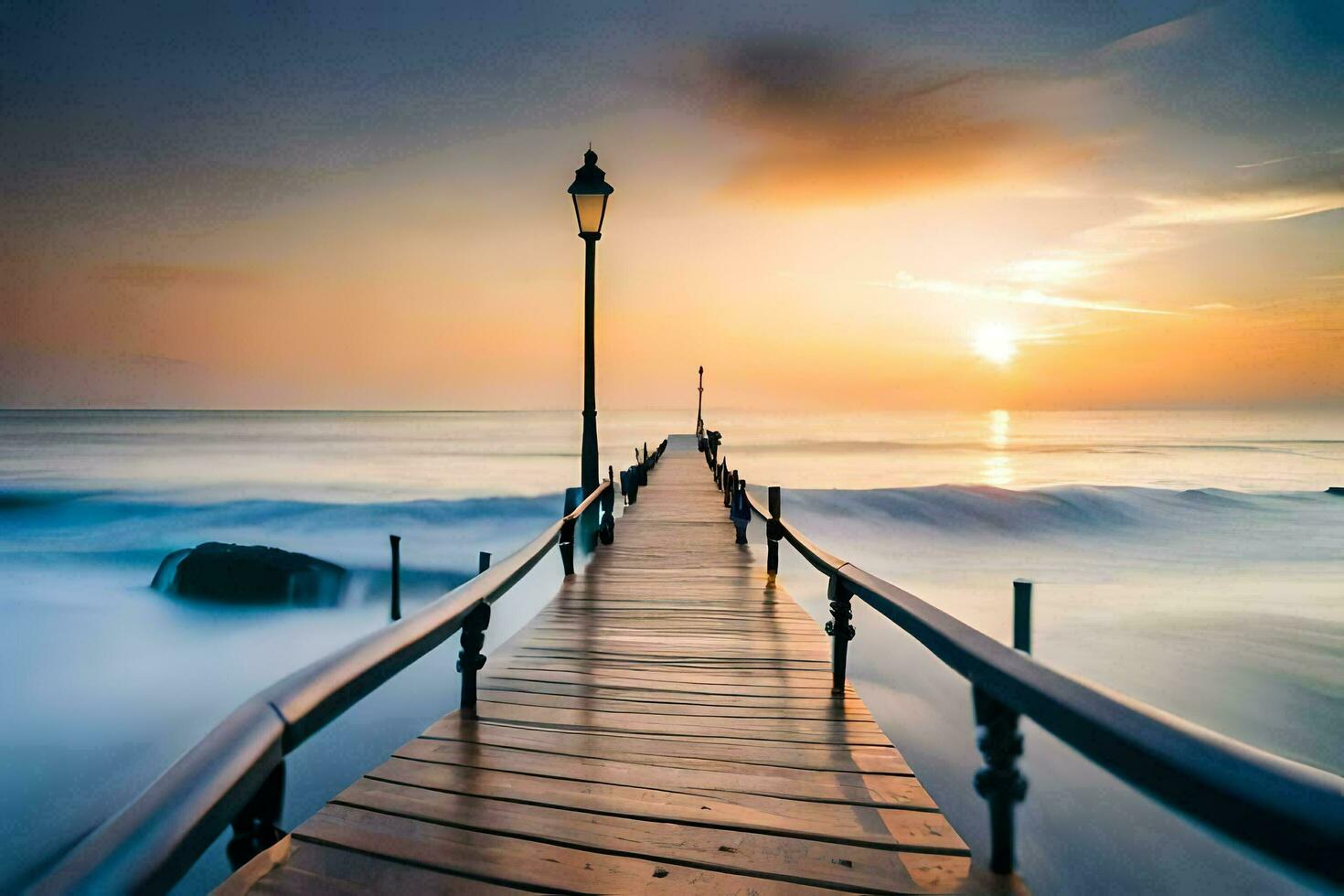 a wooden pier leads to the ocean at sunset. AI-Generated photo