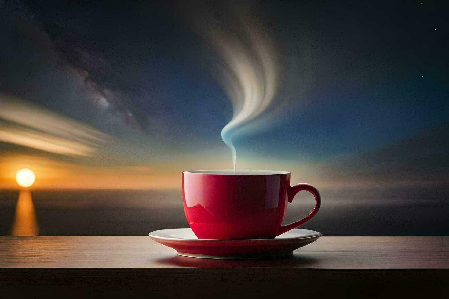 a red cup of coffee on a table with a view of the ocean. AI-Generated photo