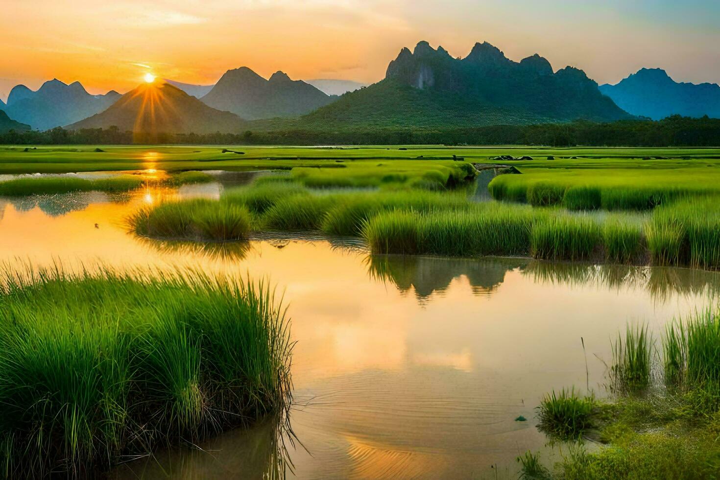 the sun sets over a marshy field with mountains in the background. AI-Generated photo