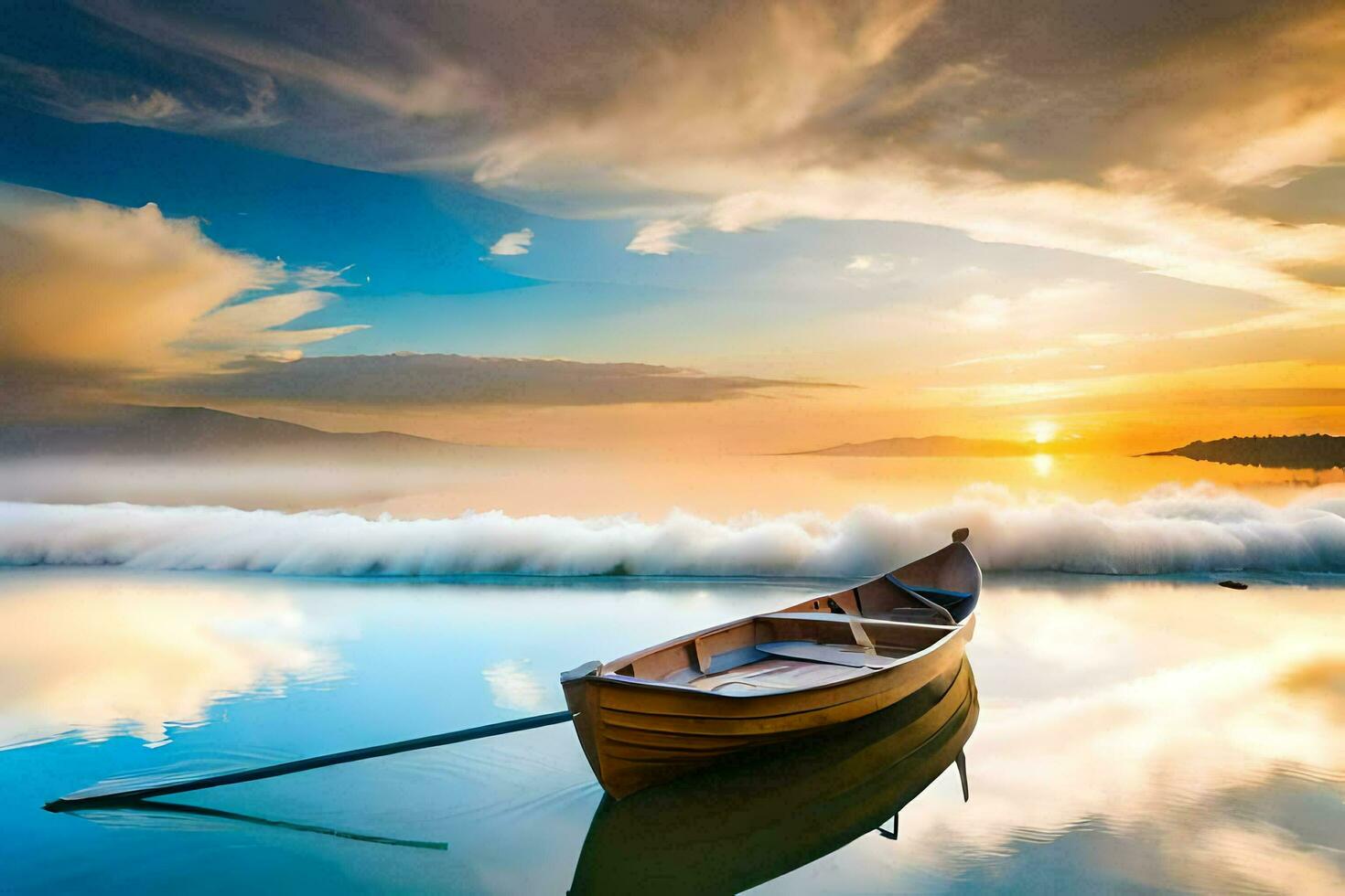 the boat is floating in the water at sunset. AI-Generated photo